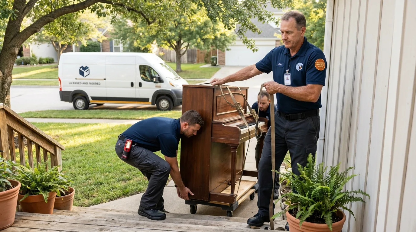 Licensed piano movers securing grand piano in Hudson, NH
