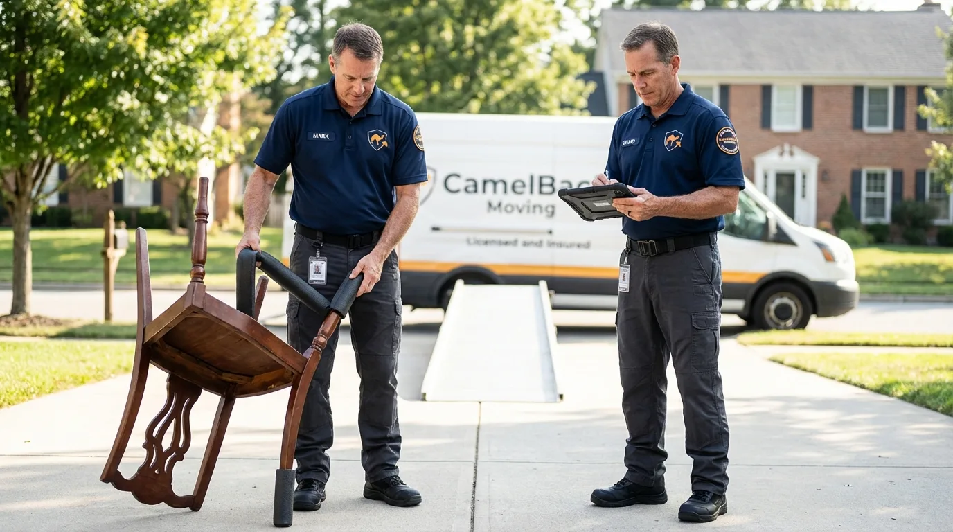 Movers inspecting furniture for damage prevention before loading in Hudson, NH