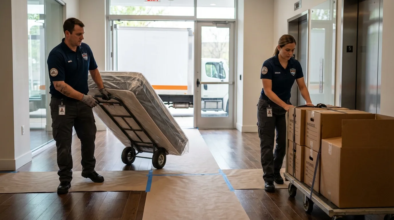 Professional apartment movers loading elevator in Hudson, NH