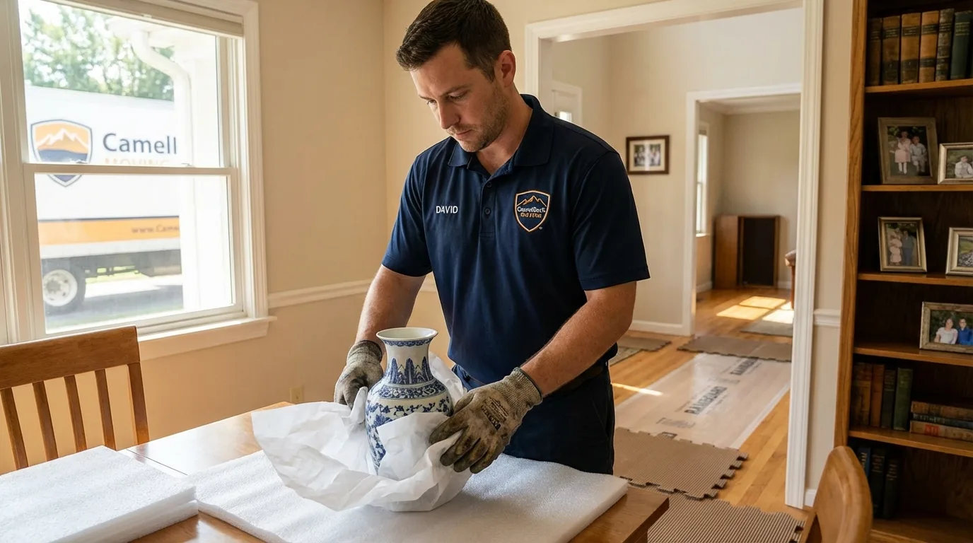 Professional crew carefully wrapping antique vase for senior downsizing move in Hudson, NH