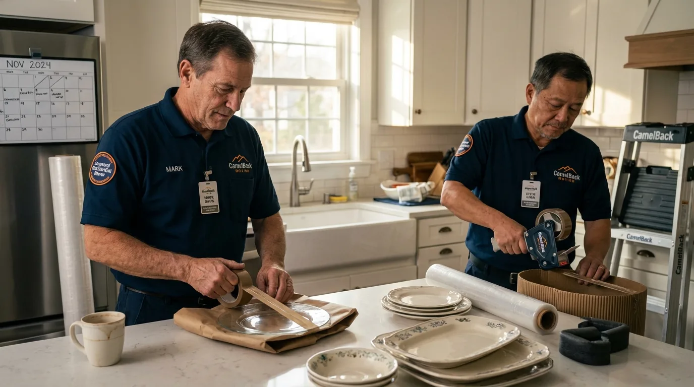 Professional crew packing kitchen dishware in Hudson, NH